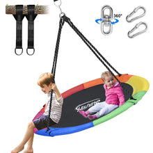 Laden Sie das Bild in den Galerie-Viewer, Hishine 43" Saucer Tree Swing for Kids, 360° Rotate Waterproof Flying Saucer Swing with Swivel, Hanging Straps, Adjustable Ropes, Round Mat Spinner Swing for Tree/Swing Set