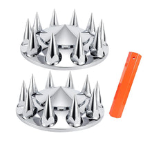 Laden Sie das Bild in den Galerie-Viewer, ABS Chrome Plastic Front Axle Cover Kits with 33mm Thread-on Flange Nut Covers for Semi Trucks in Pairs (Spiked, 2 Set)