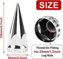 Load image into Gallery viewer, 33mm x 4 3/4" Chromed Spike Lug Nuts Covers Thread-On,ABS Chrome Plastic Caps Pointed Screw On Lug Nut Cover for Semi Trucks, Pack of 20/40/60 PCS