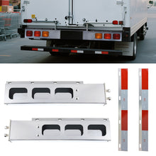 Laden Sie das Bild in den Galerie-Viewer, Stainless Steel Mud Flap Hanger Set with Rectangle Light Cutouts 2-1/2" Bolt Spacing 30" Length Rear Bar for Semi Trucks, 2.5" Bolt Spring Loaded with Aluminum Reflective Tapes