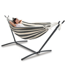 Laden Sie das Bild in den Galerie-Viewer, Double Hammock Comfortable with Stand for Hanging Sturdy 440lbs Capacity Hammock for Camping Outside Garden Outdoor Indoor Patio Backyard, Black and White