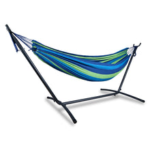 Laden Sie das Bild in den Galerie-Viewer, Double Hammock Comfortable with Stand for Hanging Sturdy 440lbs Capacity Hammock for Camping Outside Garden Outdoor Indoor Patio Backyard, Blue and Green