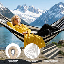 Laden Sie das Bild in den Galerie-Viewer, Double Hammock Comfortable with Stand for Hanging Sturdy 440lbs Capacity Hammock for Camping Outside Garden Outdoor Indoor Patio Backyard, Black and White
