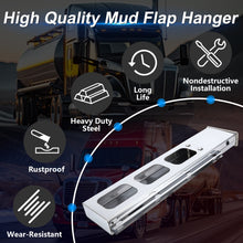 Laden Sie das Bild in den Galerie-Viewer, Stainless Steel Mud Flap Hanger Set with Rectangle Light Cutouts 2-1/2" Bolt Spacing 30" Length Rear Bar for Semi Trucks, 2.5" Bolt Spring Loaded with Aluminum Reflective Tapes