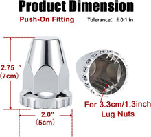 Laden Sie das Bild in den Galerie-Viewer, 33mm x 2 7/8" Lug Nut Covers Push-On Standard, ABS Chrome Plastic Lug Nut Cover for Semi Trucks Trailers, 20/40/60 Pack