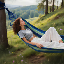 Laden Sie das Bild in den Galerie-Viewer, Double Hammock Comfortable with Stand for Hanging Sturdy 440lbs Capacity Hammock for Camping Outside Garden Outdoor Indoor Patio Backyard, Blue and Green