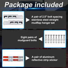 Laden Sie das Bild in den Galerie-Viewer, Stainless Steel Mud Flap Hanger Set with Rectangle Light Cutouts 2-1/2" Bolt Spacing 30" Length Rear Bar for Semi Trucks, 2.5" Bolt Spring Loaded with Aluminum Reflective Tapes