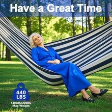 Laden Sie das Bild in den Galerie-Viewer, Double Hammock Comfortable with Stand for Hanging Sturdy 440lbs Capacity Hammock for Camping Outside Garden Outdoor Indoor Patio Backyard, Black and White