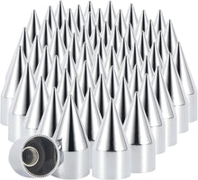 Laden Sie das Bild in den Galerie-Viewer, 33mm x 4 1/4" Chromed Spike Lug Nuts Covers Thread-On,ABS Chrome Plastic Caps Pointed Screw On Lug Nut Cover for Semi Trucks, Pack of 20/40/60 PCS