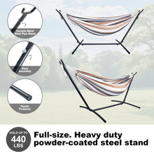 Laden Sie das Bild in den Galerie-Viewer, Double Hammock Comfortable with Stand for Hanging Sturdy 440lbs Capacity Hammock for Camping Outside Garden Outdoor Indoor Patio Backyard, Brown and White