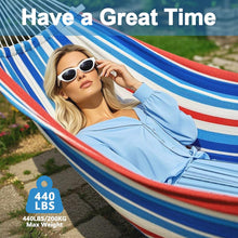 Laden Sie das Bild in den Galerie-Viewer, Double Hammock Comfortable with Stand for Hanging Sturdy 440lbs Capacity Hammock for Camping Outside Garden Outdoor Indoor Patio Backyard, Blue