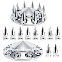 Laden Sie das Bild in den Galerie-Viewer, ABS Chrome Plastic Front Axle Cover Kits with 33mm Thread-on Flange Nut Covers for Semi Trucks in Pairs (Spiked, 2 Set)