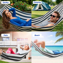Laden Sie das Bild in den Galerie-Viewer, Double Hammock Comfortable with Stand for Hanging Sturdy 440lbs Capacity Hammock for Camping Outside Garden Outdoor Indoor Patio Backyard, Black and White