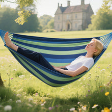 Laden Sie das Bild in den Galerie-Viewer, Double Hammock Comfortable for Hanging Sturdy 440lbs Capacity Hammock for Camping Outside Garden Outdoor Indoor Patio Backyard, Blue and Green