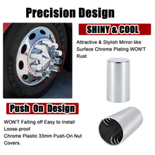 Laden Sie das Bild in den Galerie-Viewer, 33mm x 3 1/2" Lug Nut Cover ABS Chrome Plastic Cylinder Nut Cover, Push-On fit Hub Piloted Wheels, Complete Axle Cover Kits, Lug Nut Covers for Semi Trucks Trailers, 20/40/60 Pack
