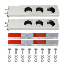 Laden Sie das Bild in den Galerie-Viewer, Stainless Steel Mud Flap Hanger Set 2-1/2" Bolt Spacing 30" Length Rear Bar with Light Cutouts for Semi Trucks, 2.5" Bolt Spring Loaded with Aluminum Reflective Tapes (Circle Light Cutouts)