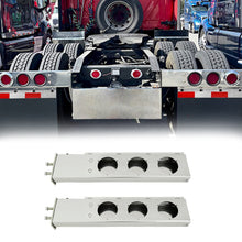 Laden Sie das Bild in den Galerie-Viewer, Stainless Steel Mud Flap Hanger Set 2-1/2" Bolt Spacing 30" Length Rear Bar with Light Cutouts for Semi Trucks, 2.5" Bolt Spring Loaded with Aluminum Reflective Tapes (Circle Light Cutouts)
