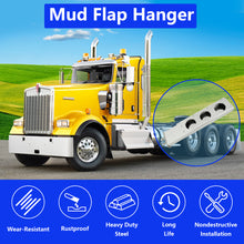 Laden Sie das Bild in den Galerie-Viewer, Stainless Steel Mud Flap Hanger Set 2-1/2" Bolt Spacing 30" Length Rear Bar with Light Cutouts for Semi Trucks, 2.5" Bolt Spring Loaded with Aluminum Reflective Tapes (Circle Light Cutouts)
