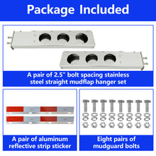 Laden Sie das Bild in den Galerie-Viewer, Stainless Steel Mud Flap Hanger Set 2-1/2" Bolt Spacing 30" Length Rear Bar with Light Cutouts for Semi Trucks, 2.5" Bolt Spring Loaded with Aluminum Reflective Tapes (Circle Light Cutouts)
