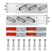 Laden Sie das Bild in den Galerie-Viewer, Stainless Steel Mud Flap Hanger Set 2-1/2" Bolt Spacing 30" Length Rear Bar with Light Cutouts for Semi Trucks, 2.5" Bolt Spring Loaded with Aluminum Reflective Tapes (Oval Light Cutouts)