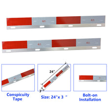 Laden Sie das Bild in den Galerie-Viewer, Stainless Steel Mud Flap Hanger Set 2-1/2" Bolt Spacing 30" Length Rear Bar with Light Cutouts for Semi Trucks, 2.5" Bolt Spring Loaded with Aluminum Reflective Tapes (Oval Light Cutouts)