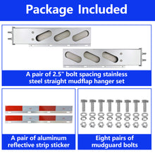 Laden Sie das Bild in den Galerie-Viewer, Stainless Steel Mud Flap Hanger Set 2-1/2" Bolt Spacing 30" Length Rear Bar with Light Cutouts for Semi Trucks, 2.5" Bolt Spring Loaded with Aluminum Reflective Tapes (Oval Light Cutouts)