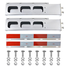 Laden Sie das Bild in den Galerie-Viewer, Stainless Steel Mud Flap Hanger Set with Rectangle Light Cutouts 2-1/2" Bolt Spacing 30" Length Rear Bar for Semi Trucks, 2.5" Bolt Spring Loaded with Aluminum Reflective Tapes