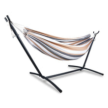 Laden Sie das Bild in den Galerie-Viewer, Double Hammock Comfortable with Stand for Hanging Sturdy 440lbs Capacity Hammock for Camping Outside Garden Outdoor Indoor Patio Backyard, Brown and White
