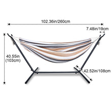 Laden Sie das Bild in den Galerie-Viewer, Double Hammock Comfortable with Stand for Hanging Sturdy 440lbs Capacity Hammock for Camping Outside Garden Outdoor Indoor Patio Backyard, Brown and White
