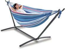 Laden Sie das Bild in den Galerie-Viewer, Double Hammock Comfortable with Stand for Hanging Sturdy 440lbs Capacity Hammock for Camping Outside Garden Outdoor Indoor Patio Backyard, Blue
