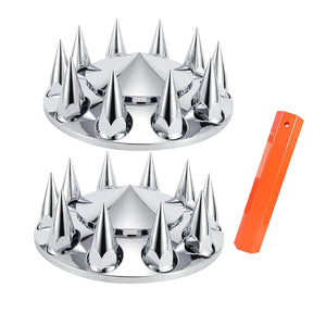 ABS Chrome Plastic Front Axle Cover Kits with 33mm Thread-on Flange Nut Covers for Semi Trucks in Pairs (Spiked, 2 Set)