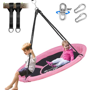 Hishine 43" Saucer Tree Swing for Kids, 360° Rotate Waterproof Flying Saucer Swing with Swivel, Hanging Straps, Adjustable Ropes, Round Mat Spinner Swing for Tree/Swing Set