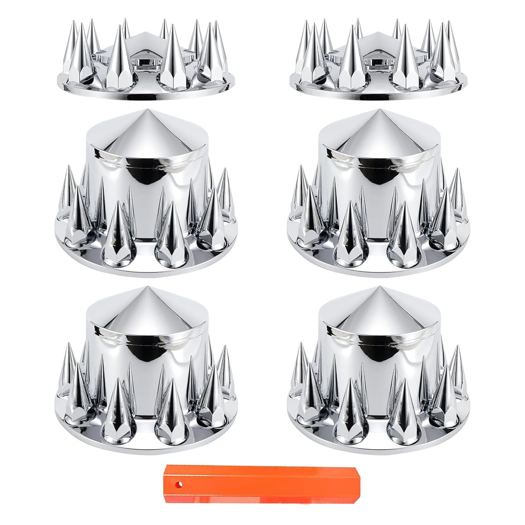 ABS Chrome Plastic Front Axle and Rear Cover Kits with 33mm Push-on Flange Nut Covers for Semi Trucks in Pairs, Spiked, 2+4 Set