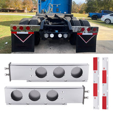 Load image into Gallery viewer, Stainless Steel Mud Flap Hanger Set with 3M Aluminum Reflective Tapes, 2.5" Bolt Spring, 2-1/2" Bolt Spacing 30" Length Rear Bar with Circle Light Cutouts, Loaded for Semi Trucks
