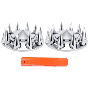 ABS Chrome Plastic Front Axle Cover Kits with 33mm Push-on Flange Nut Covers for Semi Trucks in Pairs, Spiked, 2 Set