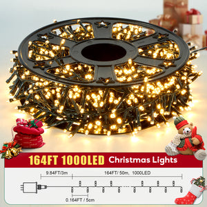 Hishine Outdoor Christmas Lights 1000LED 48FT/82FT/164FT, String Lights Indoor 8 Modes Waterproof Plug in Christmas Tree Light for Holiday, Warm White