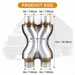 Exhaust X Pipe, Universal 2.25”/2.5“/3" Dual Inlet/Outlet Stainless Steel Crossover X Pipe 12" Long