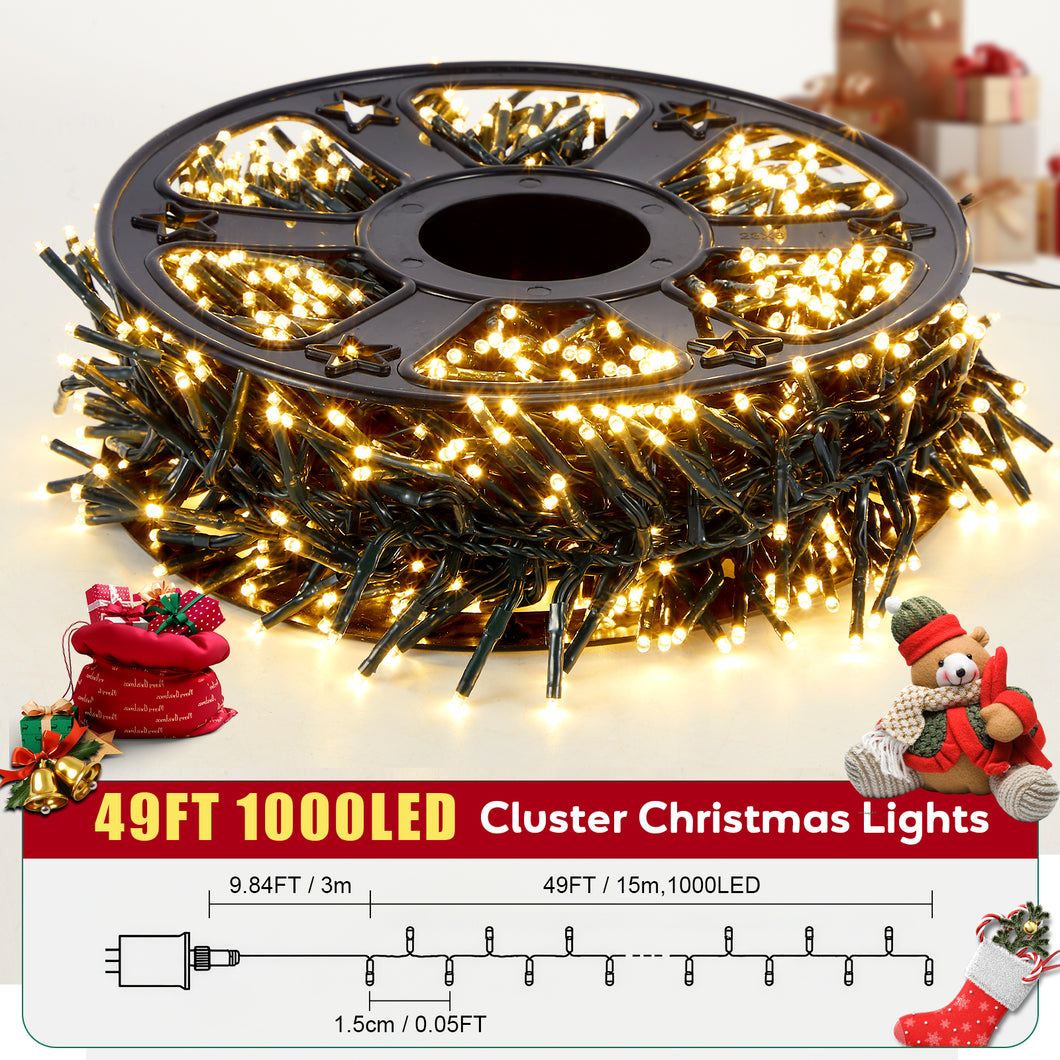 Hishine Outdoor Christmas Lights 1000LED 48FT/82FT/164FT, String Lights Indoor 8 Modes Waterproof Plug in Christmas Tree Light for Holiday, Warm White