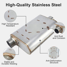 Laden Sie das Bild in den Galerie-Viewer, Universal Muffler 2.5" Inlet/Outlet 409 Stainless Steel Performance Muffler for Cars Trucks, Overall Length 17", Offset In | Center Out, Silver
