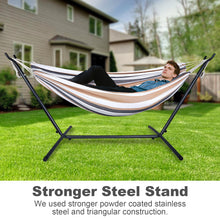 Laden Sie das Bild in den Galerie-Viewer, Double Hammock Comfortable with Stand for Hanging Sturdy 440lbs Capacity Hammock for Camping Outside Garden Outdoor Indoor Patio Backyard, Brown and White
