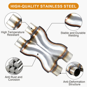 Exhaust X Pipe, Universal 2.25”/2.5“/3" Dual Inlet/Outlet Stainless Steel Crossover X Pipe 12" Long