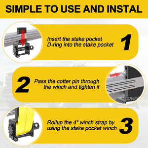 Heavy-Duty Trailer Stake Pocket Winch 5400 LBS with Anti-Loss Cord, Adjustable Stake Pocket Tie-Down Utility for Flatbed Trucks and Trailers, 4 Adjustable Holes, 4 Pack (Winch)