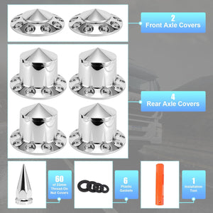 ABS Chrome Plastic Front Axle and Rear Cover Kits with 33mm Push-on Flange Nut Covers for Semi Trucks in Pairs, Spiked, 2+4 Set