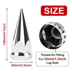 ABS Chrome Plastic Front Axle Cover Kits with 33mm Thread-on Flange Nut Covers for Semi Trucks in Pairs (Spiked, 2 Set)