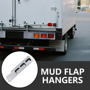 Stainless Steel Mud Flap Hanger Set with Rectangle Light Cutouts 2-1/2" Bolt Spacing 30" Length Rear Bar for Semi Trucks, 2.5" Bolt Spring Loaded with Aluminum Reflective Tapes