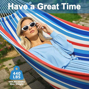 Double Hammock Comfortable with Stand for Hanging Sturdy 440lbs Capacity Hammock for Camping Outside Garden Outdoor Indoor Patio Backyard, Blue