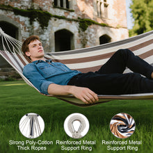 Laden Sie das Bild in den Galerie-Viewer, Double Hammock Comfortable with Stand for Hanging Sturdy 440lbs Capacity Hammock for Camping Outside Garden Outdoor Indoor Patio Backyard, Brown and White

