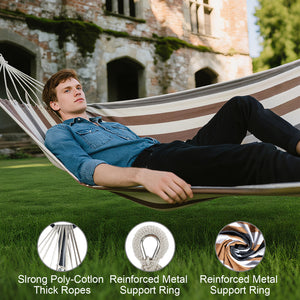 Double Hammock Comfortable with Stand for Hanging Sturdy 440lbs Capacity Hammock for Camping Outside Garden Outdoor Indoor Patio Backyard, Brown and White