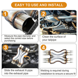 Exhaust X Pipe, Universal 2.25”/2.5“/3" Dual Inlet/Outlet Stainless Steel Crossover X Pipe 12" Long