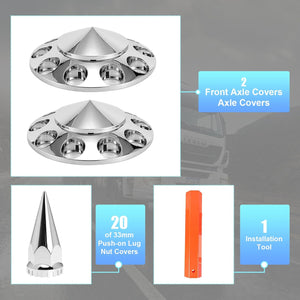 ABS Chrome Plastic Front Axle Cover Kits with 33mm Push-on Flange Nut Covers for Semi Trucks in Pairs, Spiked, 2 Set